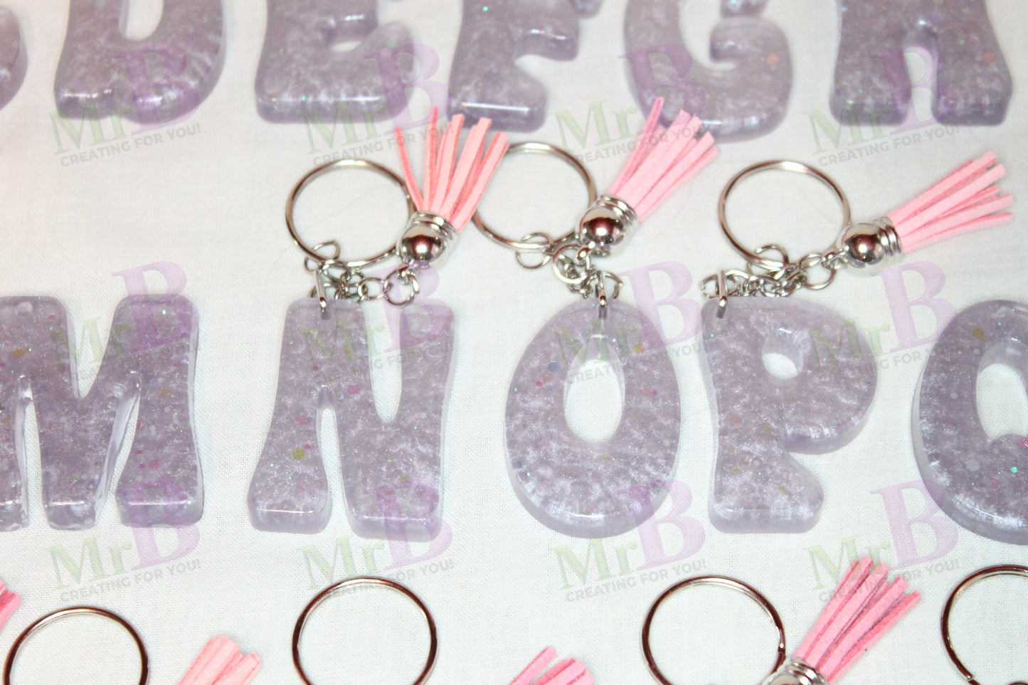 Pastel Glitter Resin Letter Keychain – Pink Tassel Charm
